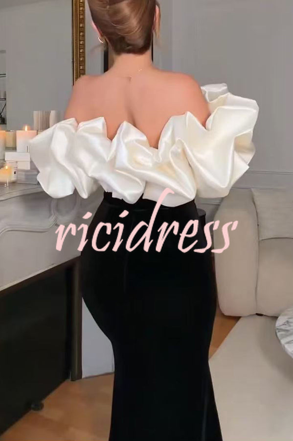 Cecily Velvet Off Shoulder Satin Structured Bardot Neck Stretch Maxi Dress