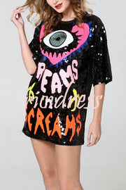 Love Eyes Letters Sequined Round Neck Short Sleeve Mid-Length Loose T-Shirt