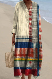 Multicolor Line Print V-Neck Long Sleeve Loose Midi Dress