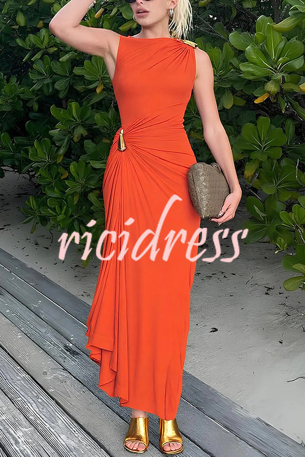 Fashionable Metallic Embellishments Pleated Sleeveless Slim-fit Maxi Dress