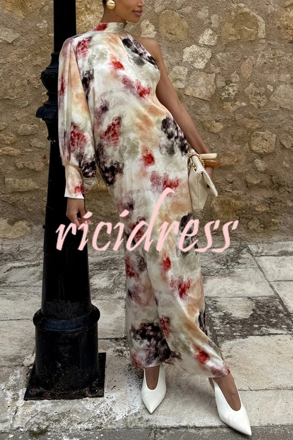 Ninah Satin Tie-dye Print Tie-up Neck One Sleeve H-line Maxi Dress