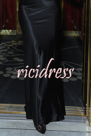 Lenox Satin One-Shoulder Drape Neck Crop Top and Lace Trim High Rise Flare Maxi Skirt Set