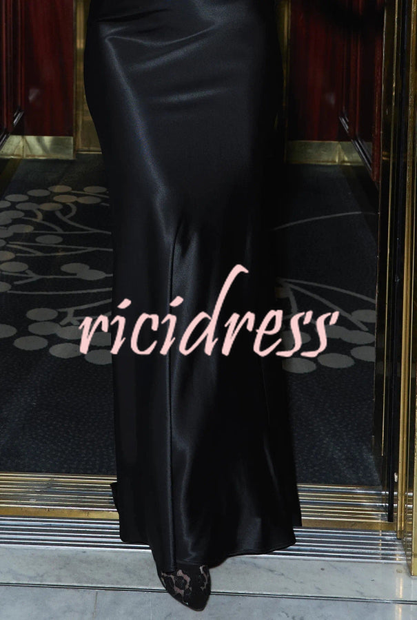 Lenox Satin One-Shoulder Drape Neck Crop Top and Lace Trim High Rise Flare Maxi Skirt Set