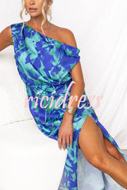 Satin Unique Print One Shoulder Tie Waist Slit Maxi Dress