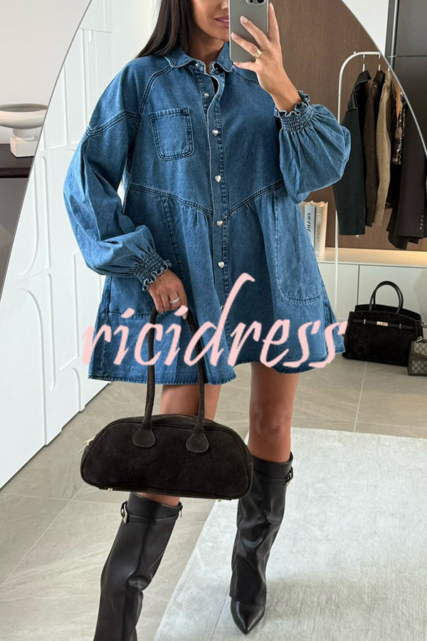 Fashion Heart Button Long Sleeve Casual Pocket Denim Mini Dress
