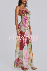 Floral Print Sexy Backless Slit See-Through Holiday Maxi Dress