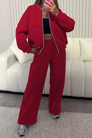 Solid Color Long-sleeved Zip-up Sports Jacket and Casual Elastic Waist Pocket Pants Set