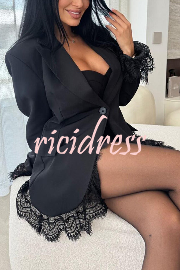 Amazing Items Lace Trim Button Up Long Sleeve Lapel Loose Blazer