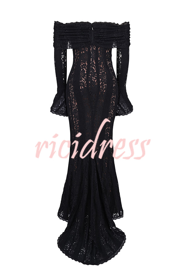 Outline The Curve Floral Lace Off Shoulder Bell Sleeve Stretch Maxi Dress