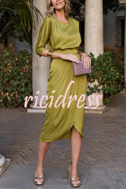 Satin Solid Color Round Neck Half Sleeve Waist Midi Dress