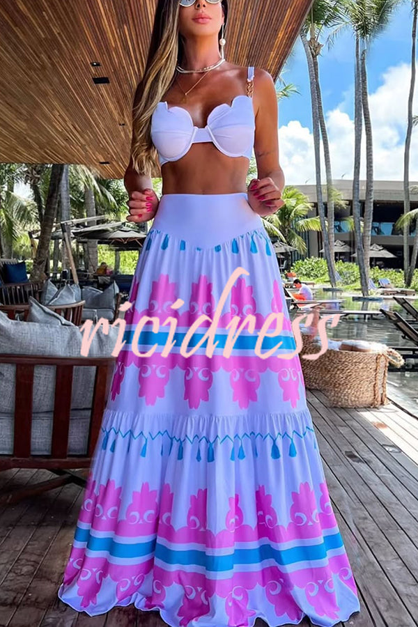 Unique Printed Suspenders Top and Loose Paneled Beach Maxi Skirt Set