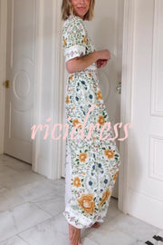 Natural Charm Linen Blend Floral  Print Short Sleeve Pocketed Wide Leg Jumpsuit