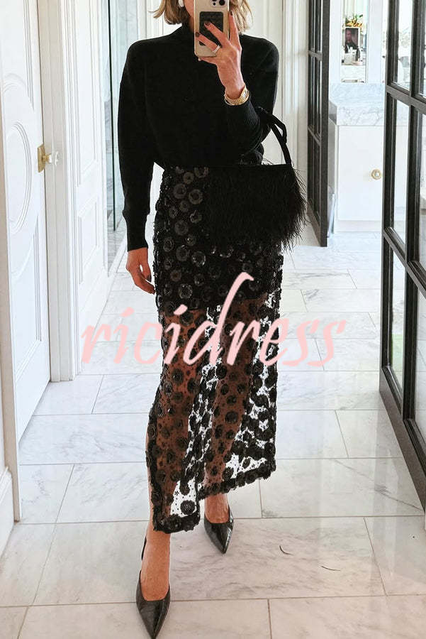 Gorgeous Flower Embellished Sequin Sheer High Rise Slit Midi Skirt