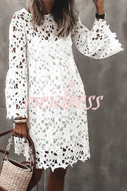 Pretty Presence Floral Crochet Lace Bell Sleeve Mini Dress