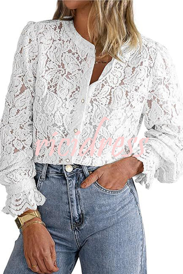 Fashionable Lace Long-sleeved Casual Button-down Shirt