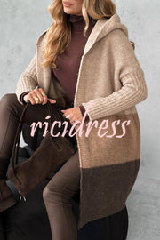 Fashionable Knit Patchwork Color Long-sleeved Hooded Loose Mid-length Cardigan