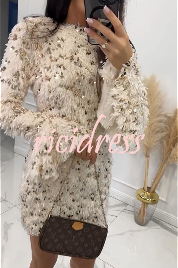 Twilight Ember Knit Sequin Tassels Wide Neck Long Bell Sleeve Mini Dress
