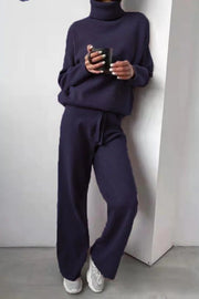Solid Color Turtleneck Long-sleeved Knit Top and Elastic Waist Casual Pants Set