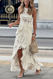 Summer Getaway Look Crochet Lace Elastic Waist Irregular Hem Maxi Skirt