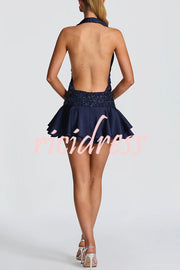 Lara Satin Halter Cowl Neck Bodysuit and Mid-rise Embellished Waistband Layered Hem Skort Set