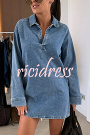 Fashion Lapel Long Sleeve Loose Denim Mini Dress