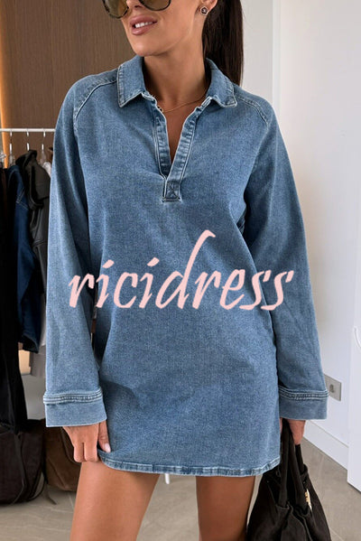 Fashion Lapel Long Sleeve Loose Denim Mini Dress