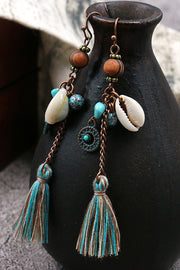 Vintage Wooden Bead Handmade Shell Tassel Earrings