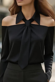 Solid Color Long-sleeved Lapel Off-shoulder Casual Shirt