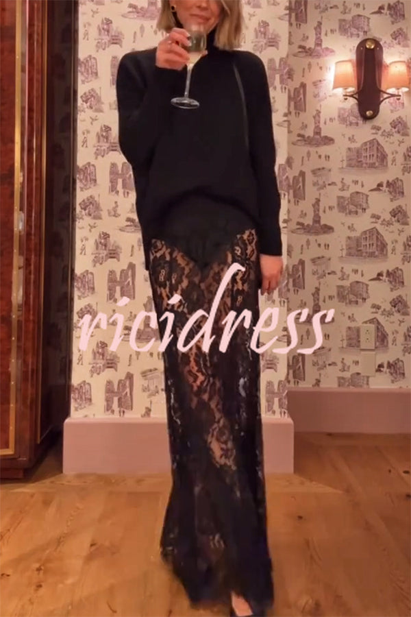 Make An Entrance Floral Stretch Lace Mid Rise Flare Maxi Skirt