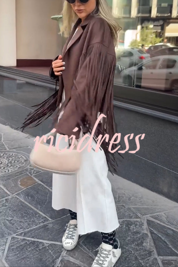 Western City Suede Long Tassels Long Sleeve Lapel Relaxed Jacket