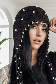 Solid Pearl Embellished Hollow Knit Hat