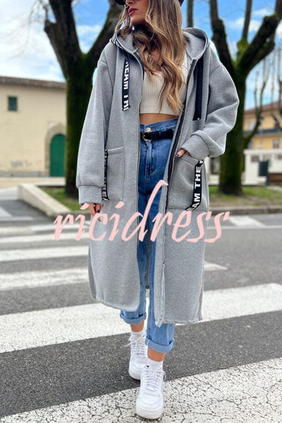 Fashionable and Casual Hooded Zipper Pocket Loose Long Coat