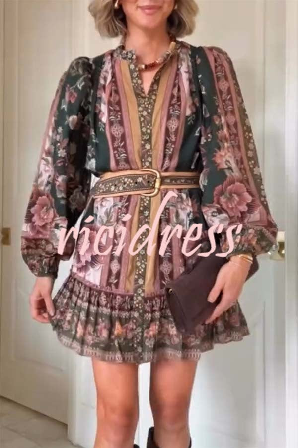 Brazilian Style Unique Floral Print Puff Sleeve Belted Pleated Hem Mini Dress