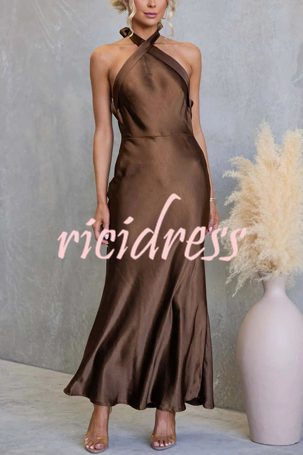 Satin Fashion Halter Backless Slim Elegant Maxi Dress