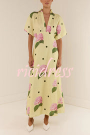 Jasmine Linen Blend Floral Polka Dot Wide Sleeve Shirt Maxi Dress