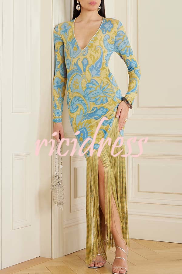 Golden Age Knit Paisley Print Long Sleeve Tassle Hem Maxi Dress
