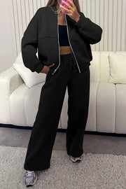 Solid Color Long-sleeved Zip-up Sports Jacket and Casual Elastic Waist Pocket Pants Set