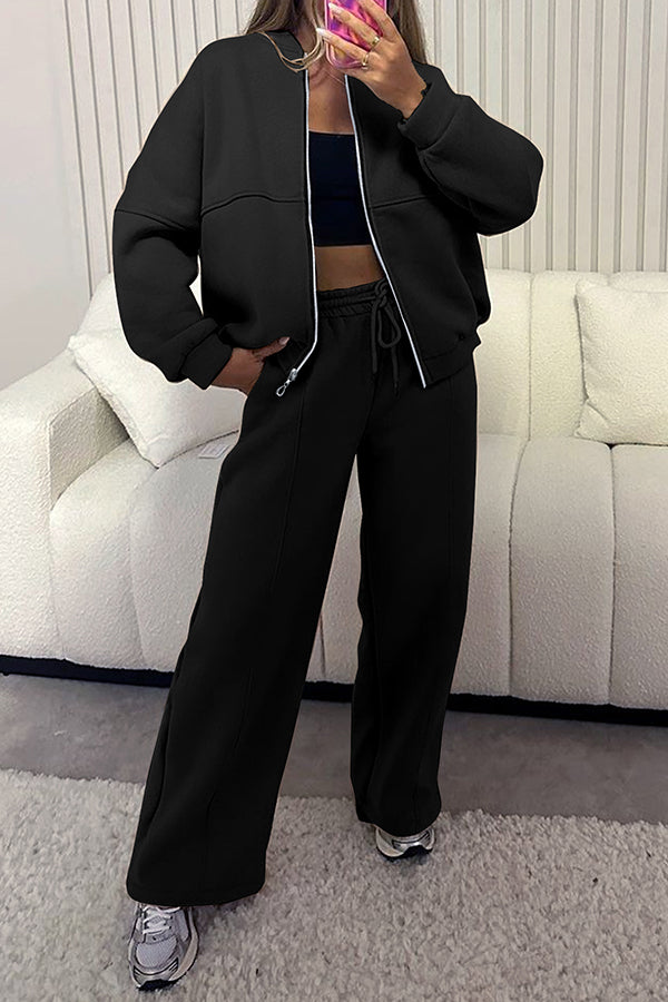Solid Color Long-sleeved Zip-up Sports Jacket and Casual Elastic Waist Pocket Pants Set