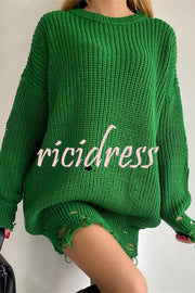 Solid Color Loose Ripped Knitted Mid-length Sweater