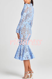 Feminine and Elegant Flower Lace Long Sleeve Bow Belted Flare Midi Dress