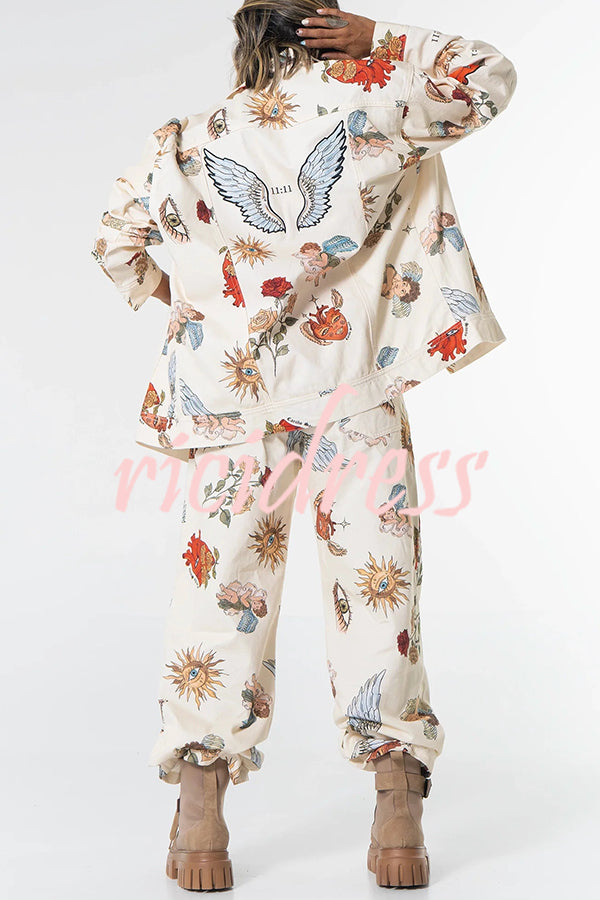 Angel Wings Denim Unique Print Button Up Long Sleeve Pocketed Relaxed Jacket