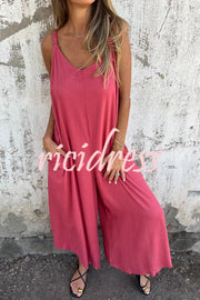 Linen Blend Solid Color Suspenders Loose Pockets Casual Wide-leg Jumpsuit