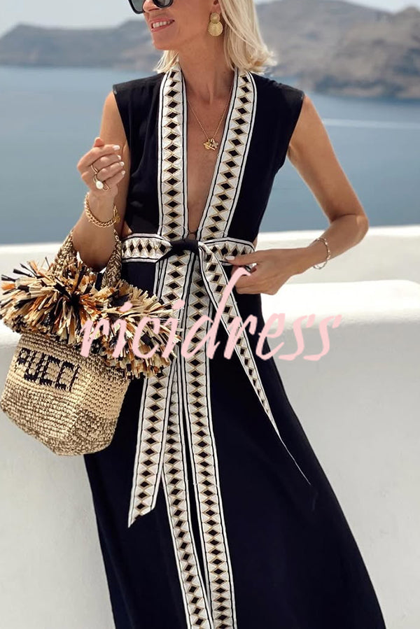 Fashionable Lock-edge Printed V-neck Lace-up Holiday Cover-up Robe