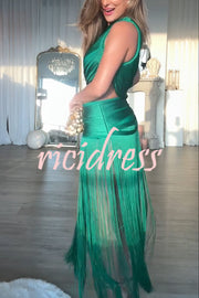 Dancing Miracle One Shoulder High Waist Hollow Design Tassel Hem Drape Mini Dress