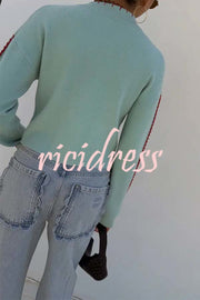 Coastal Fashion Knit Octopus Graphic Contrast Piping Button Up Loose Cardigan