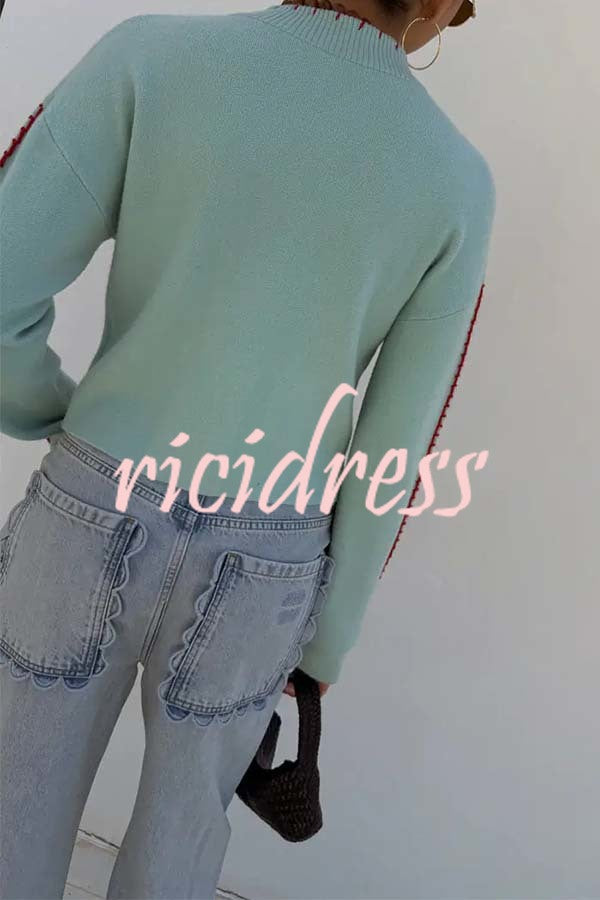 Coastal Fashion Knit Octopus Graphic Contrast Piping Button Up Loose Cardigan