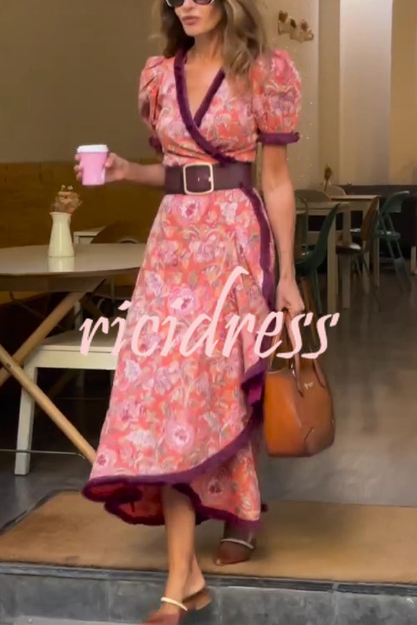 Bohemian Floral Print Elegant Puff Sleeve Holiday Maxi Dress