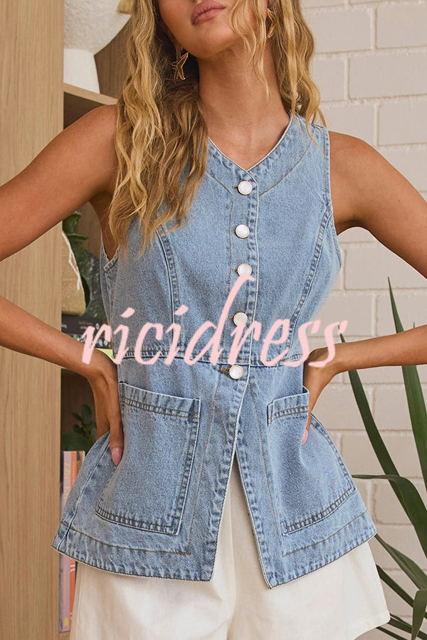 Fashionable Casual Slim Fit Button Pocket Denim Vest