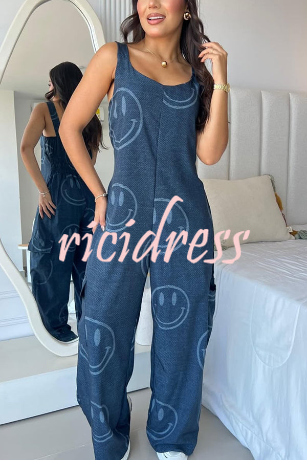 Fashion Cartoon Print Loose Round Neck Back Pleated Casual Pocket Wide Leg Jumpsuit