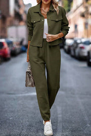 Solid Color Lapel Long Sleeve Jacket and Elastic Waist Casual Pocket Pants Set